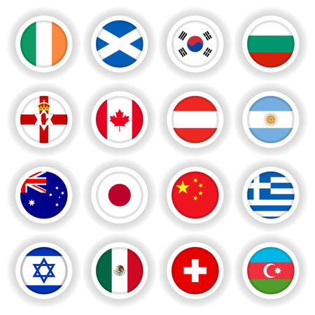 Set of national flags round buttons of different countries.のイラスト素材