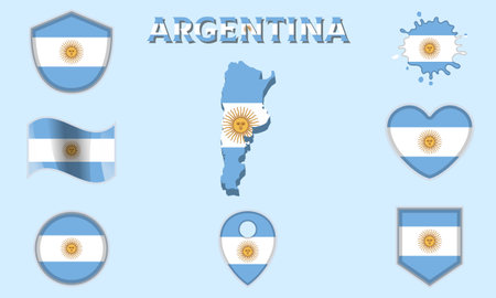 Collection of flags and coats of arms of Argentina in flat style with map and text.のイラスト素材