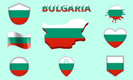 Collection of flags and coats of arms of Bulgaria in flat style with map and text.のイラスト素材