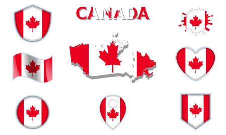 Collection of flags and coats of arms of Canada in flat style with map and text.のイラスト素材