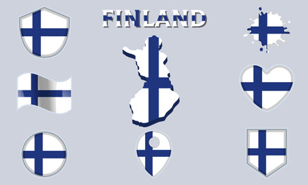 Collection of flags and coats of arms of Finland in flat style with map and text.のイラスト素材