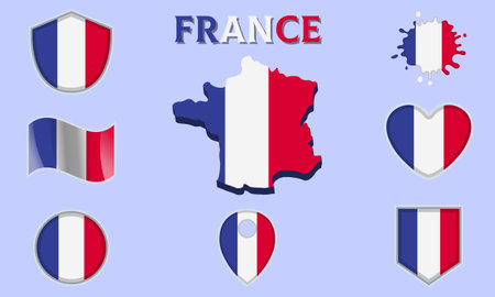 Collection of flags and coats of arms of France in flat style with map and text.のイラスト素材