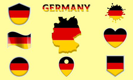 Collection of flags and coats of arms of Germany in flat style with map and text.のイラスト素材