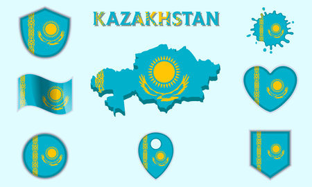 Collection of flags and coats of arms of Kazakhstan in flat style with map and text.のイラスト素材