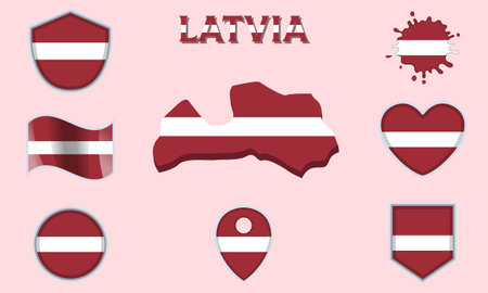 Collection of flags and coats of arms of Latvia in flat style with map and text.のイラスト素材
