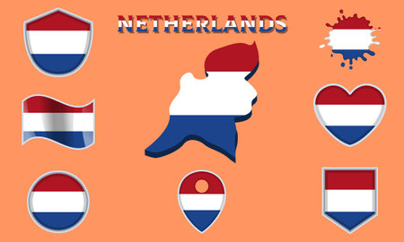 Collection of flags and coats of arms of Netherlands in flat style with map and text.のイラスト素材