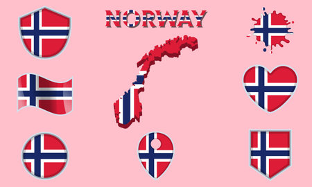 Collection of flags and coats of arms of Norway in flat style with map and text.のイラスト素材
