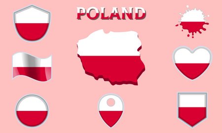 Collection of flags and coats of arms of Poland in flat style with map and text.のイラスト素材