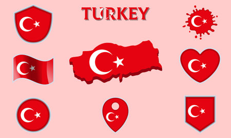 Collection of flags and coats of arms of Turkey in flat style with map and text.のイラスト素材