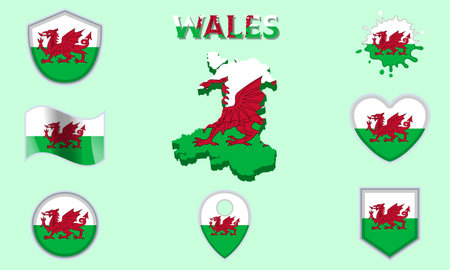 Collection of flags and coats of arms of Wales in flat style with map and text.のイラスト素材