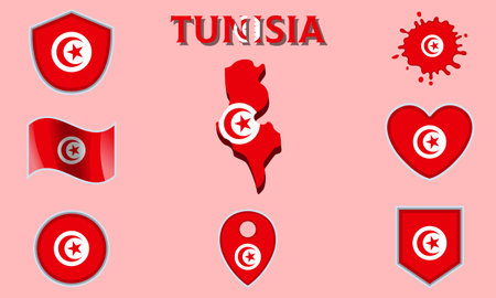 Collection of flags and coats of arms of Tunisia in flat style with map and text.のイラスト素材
