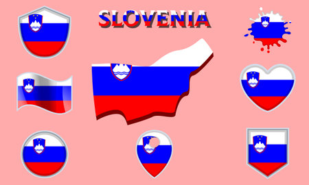 Collection of flags and coats of arms of Slovenia in flat style with map and text.のイラスト素材