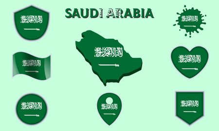 Collection of flags and coats of arms of Saudi Arabia in flat style with map and text.のイラスト素材