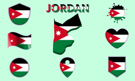 Collection of flags and coats of arms of Jordan in flat style with map and text.のイラスト素材