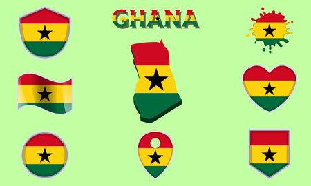 Collection of flags and coats of arms of Ghana in flat style with map and text.のイラスト素材