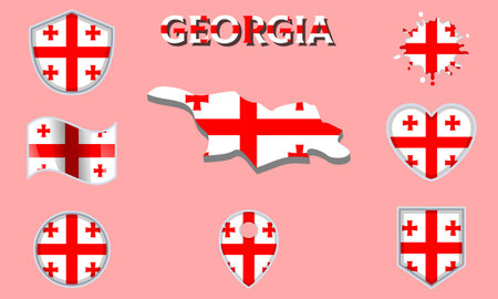 Collection of flags and coats of arms of Georgia in flat style with map and text.のイラスト素材