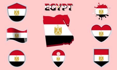 Collection of flags and coats of arms of Egypt in flat style with map and text.のイラスト素材