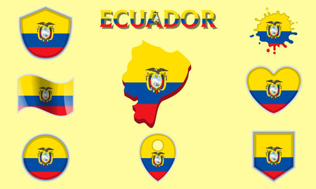 Collection of flags and coats of arms of Ecuador in flat style with map and text.のイラスト素材