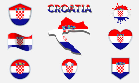 Collection of flags and coats of arms of Croatia in flat style with map and text.のイラスト素材
