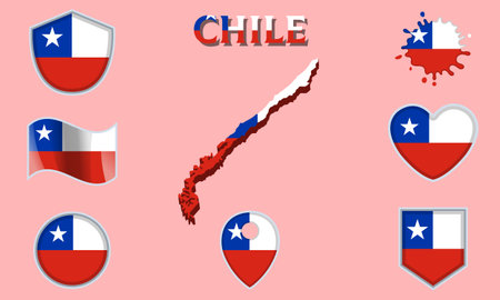 Collection of flags and coats of arms of Chile in flat style with map and text.のイラスト素材