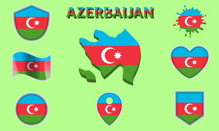 Collection of flags and coats of arms of Azerbaijan in flat style with map and text.のイラスト素材