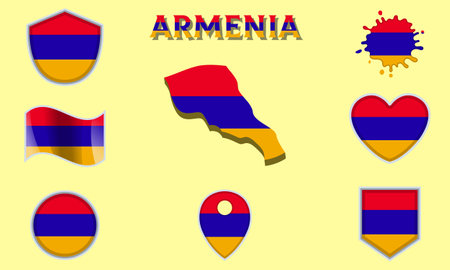 Collection of flags and coats of arms of Armenia in flat style with map and text.のイラスト素材