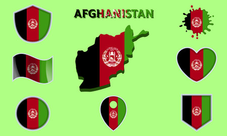 Collection of flags and coats of arms of Afghanistan in flat style with map and text.のイラスト素材