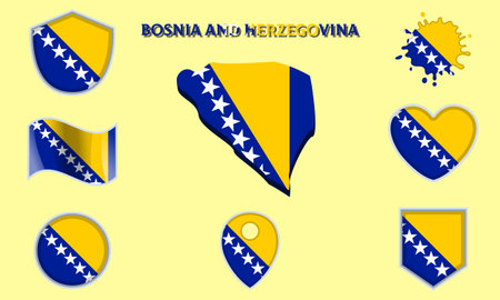 Collection of flags and coats of arms of Bosnia and Herzegovina in flat style with map and text.のイラスト素材