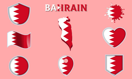Collection of flags and coats of arms of Bahrain in flat style with map and text.のイラスト素材
