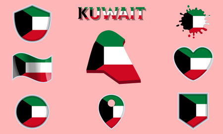Collection of flags and coats of arms of Kuwait in flat style with map and text.のイラスト素材