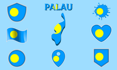 Collection of flags and coats of arms of Palau in flat style with map and text.のイラスト素材
