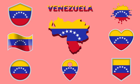 Collection of flags and coats of arms of Venezuela in flat style with map and text.のイラスト素材