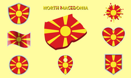 Collection of flags and coats of arms of North Macedonia in flat style with map and text.のイラスト素材