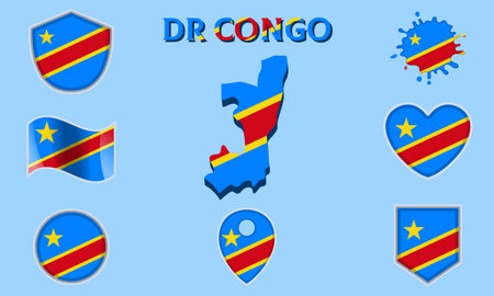 Collection of flags and coats of arms of DR Congo in flat style with map and text.のイラスト素材
