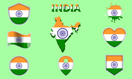 Collection of flags and coats of arms of India in flat style with map and text.のイラスト素材