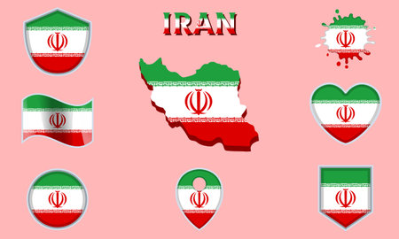 Collection of flags and coats of arms of Iran in flat style with map and text.のイラスト素材