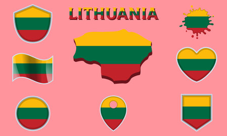 Collection of flags and coats of arms of Lithuania in flat style with map and text.のイラスト素材