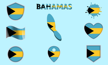 Collection of flags and coats of arms of Bahamas in flat style with map and text.のイラスト素材