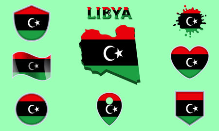 Collection of flags and coats of arms of Libya in flat style with map and text.のイラスト素材