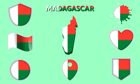 Collection of flags and coats of arms of MadagascarÐ¼ in flat style with map and text.のイラスト素材