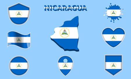 Collection of flags and coats of arms of Nicaragua in flat style with map and text.のイラスト素材