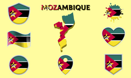 Collection of flags and coats of arms of Mozambique in flat style with map and text.のイラスト素材