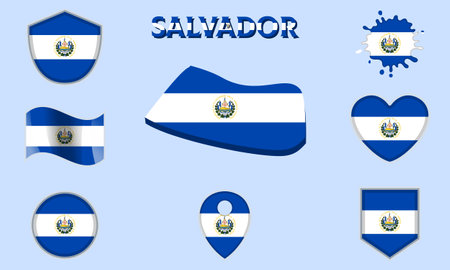 Collection of flags and coats of arms of Salvador in flat style with map and text.のイラスト素材