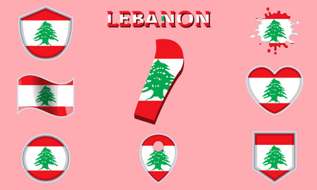 Collection of flags and coats of arms of Lebanon in flat style with map and text.のイラスト素材