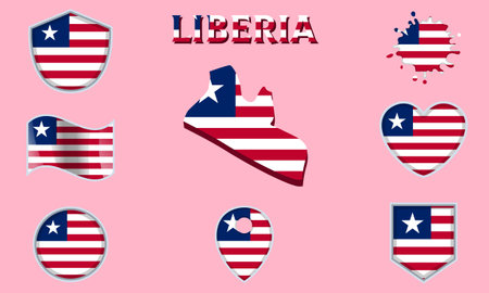 Collection of flags and coats of arms of Liberia in flat style with map and text.のイラスト素材