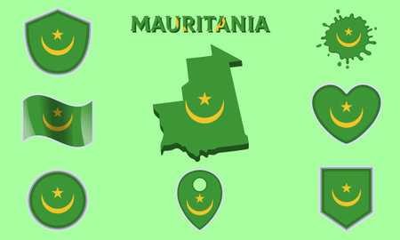 Collection of flags and coats of arms of Mauritania in flat style with map and text.のイラスト素材