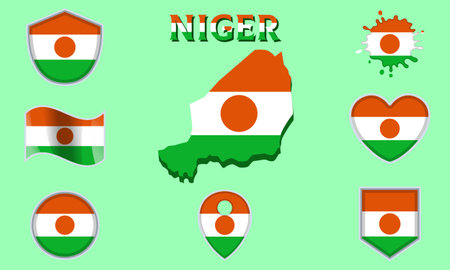 Collection of flags and coats of arms of Niger in flat style with map and text.のイラスト素材