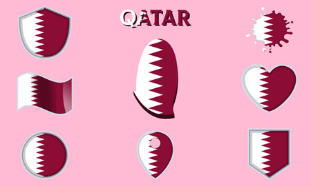 Collection of flags and coats of arms of Qatar in flat style with map and text.のイラスト素材