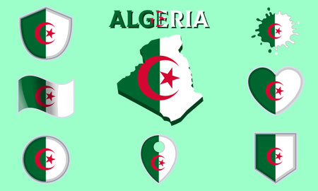 Collection of flags and coats of arms of Algeria in flat style with map and text.のイラスト素材