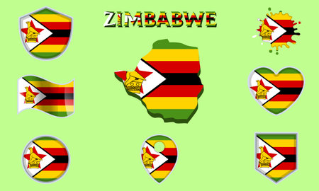Collection of flags and coats of arms of Zimbabwe in flat style with map and text.のイラスト素材